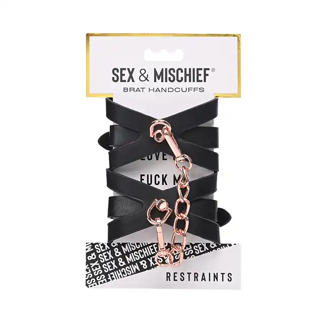 Sportheets - Sex &amp; Mischief Brat Kajdanki. Oryginalne, eleganckie czarne kajdanki z łańcuszkiem imitującym różowe złoto. 