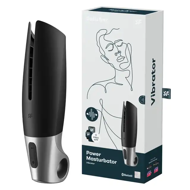 Satisfyer - Men Power Masturbator black silver - nowoczesny masturbator z żebrowaniami oraz wibracjami dla idealnej przyjemności