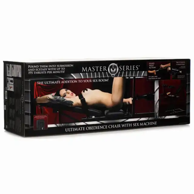 Master Series - Obedience Chair with Sex Machine. Luksusowe krzesło do krępowania z pełną regulacją, ruchoma sex maszyna gwarantująca niezapomniane doznania
