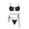 Obsessive - Cordellis Set. Seksowny komplet bielizny z połyskującego materiału typu wetlook, biustonosz i stringi z uniwersalnym wiązaniem na sznureczek