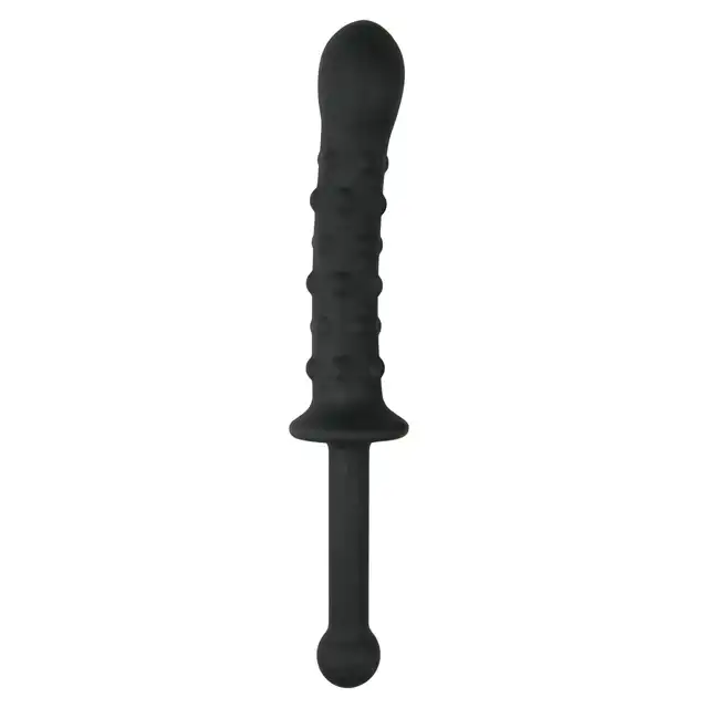 Easy Toys - The Handler Black Silicone Dildo With Handle. Podwójne silikonowe dildo z licznymi wypustkami i drugim gładkim trzonem