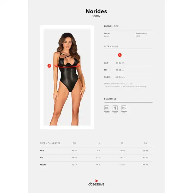 Obsessive - Norides Body XS/S. Połyskujące body z odważnie wyciętym dekoltem i elegancką koronką na pupie