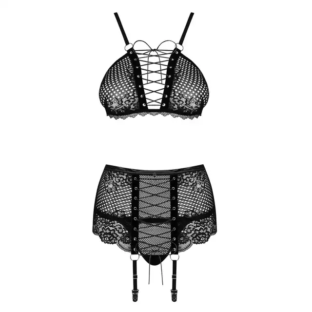 Obsessive - Basitta Set L/XL. Uwodzicielski, czarny komplet z pasem do pończoch. Gorsetowe wiązanie w połączeniu z delikatną siateczką z kwiecistą koronką