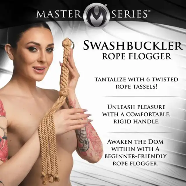 Master Series - Swashbuckler Rope Flogger. Bat z 6 końcówkami i węzełkami. Mocne, naturalne doznania