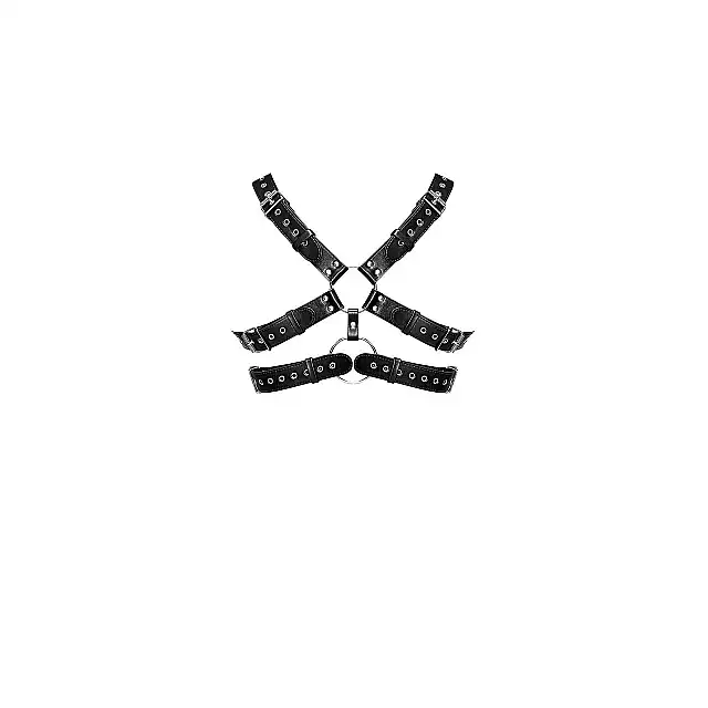 Male Power - Faux Leather Gemini O/S. Drapieżna, męska uprząż typu harness w stylu nubuck. Efektowne ringi