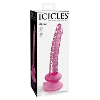 Icicles - No. 86 Pink. Różowe, szklane dildo o realistycznym kształcie, idealne do stymulacji punktu G. W zestawie elastyczna, silikonowa przyssawka do zabawy bez użycia rąk