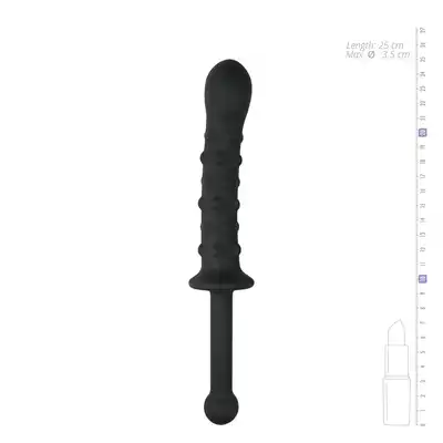Easy Toys - The Handler Black Silicone Dildo With Handle. Podwójne silikonowe dildo z licznymi wypustkami i drugim gładkim trzonem