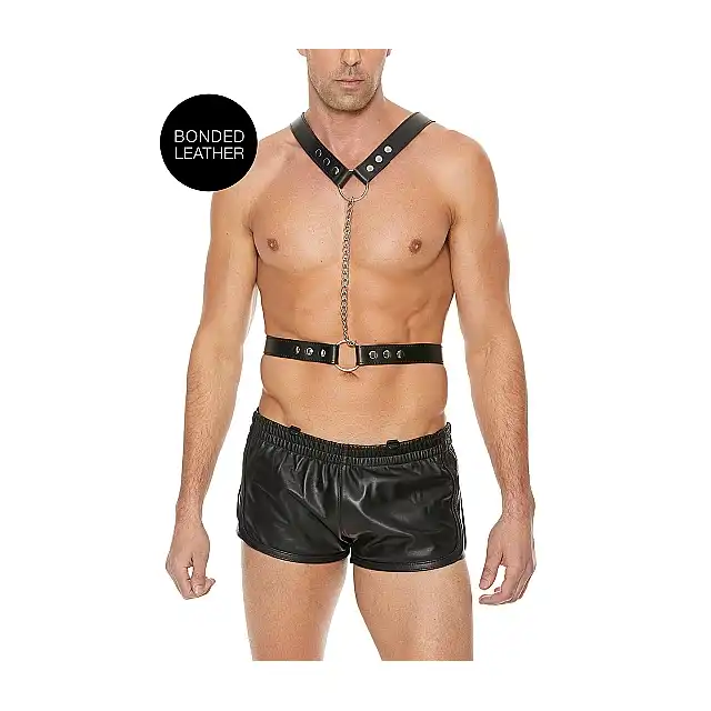 Ouch! - Twisted Bit Black Leather Harness - One Size. Mocna, skórzana uprząż męska z efektownym łańcuchem