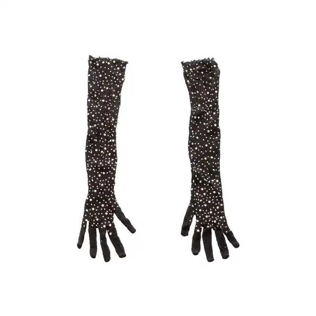 Radiance - Full Lenght Gloves. Zmysłowe czarne siateczkowe rękawiczki z błyszczącymi kryształkami