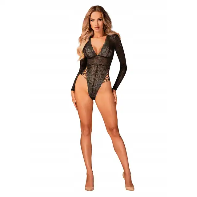 Obsessive - Merlys Body XS/S. Koronkowe body z długim rękawem i sznurowaniem w biodrach, eleganckie i podkreślające sylwetkę