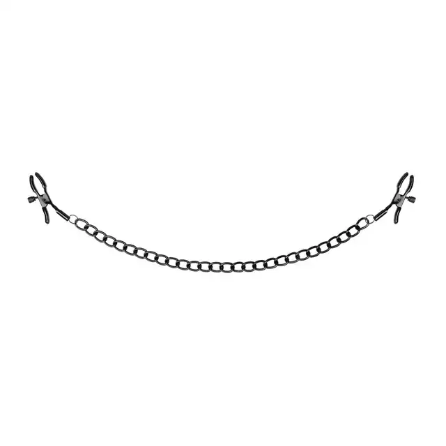Bedroom Fantasies - Nipple Clamps Adjustable. Czarne klamerki na sutki z metalowym łańcuszkiem, regulacja mocy nacisku