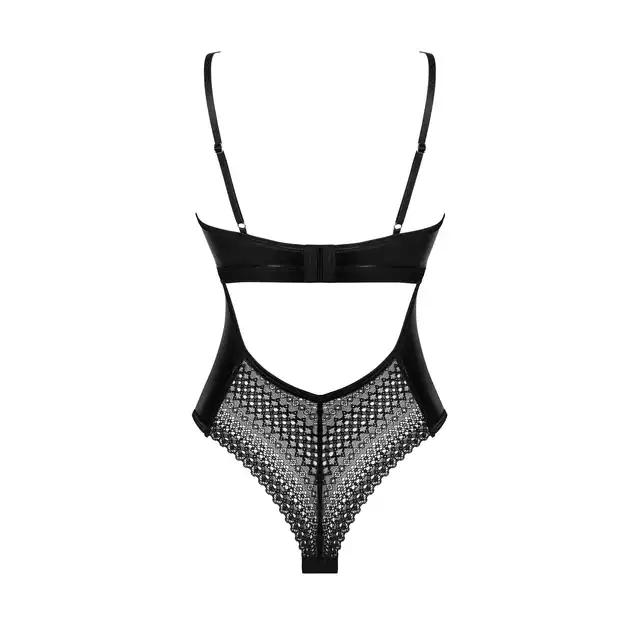 Obsessive - Norides Body XS/S. Połyskujące body z odważnie wyciętym dekoltem i elegancką koronką na pupie