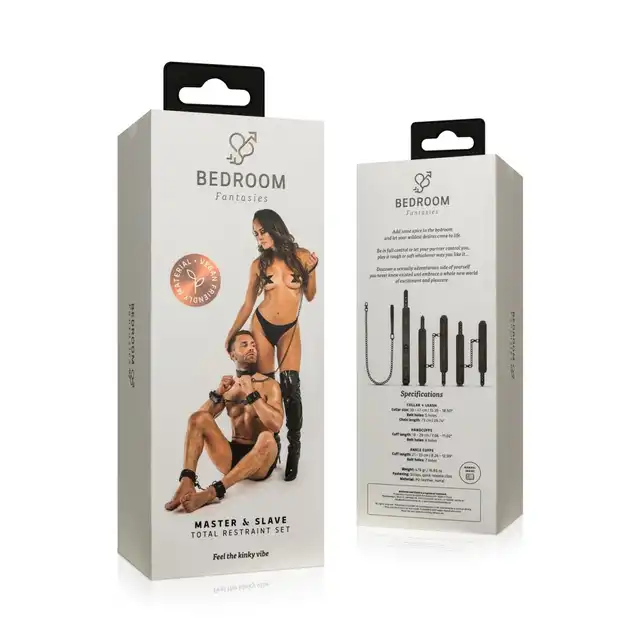Bedroom Fantasies - Master &amp; Slave Total Restraint Set. Skórzany zestaw do krępowania, obroża ze smyczą i dwie pary kajdanek na kostki i nadgarstki