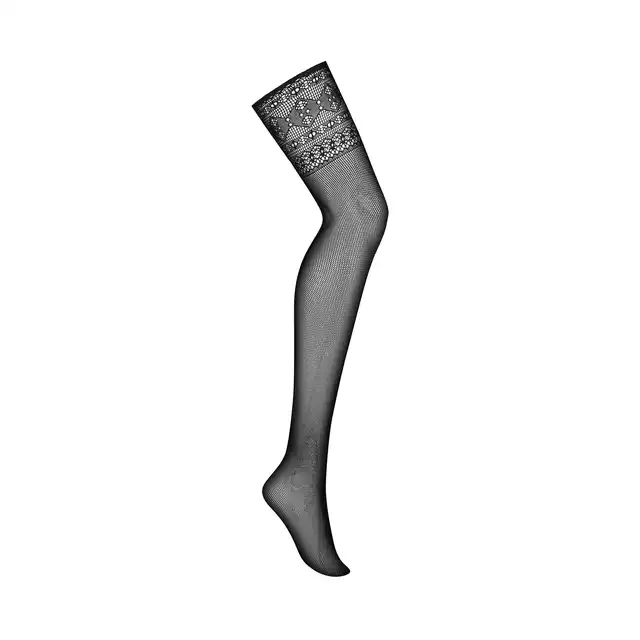 Obsessive - S825 Stockings S/M/L. Czarne pończochy z eleganckim geometrycznym wzorem, dodaj swojej stylizacji zalotnego charakteru