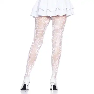 Seamless Floral Lace Tights White