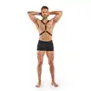 Bedroom Fantasies - Max Bondage Harness. Męska uprząż z pasami na ramiona i talię, czarna skóra z metalowymi pierścieniami i klamrami