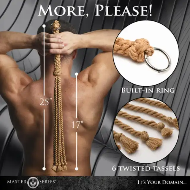 Master Series - Swashbuckler Rope Flogger. Bat z 6 końcówkami i węzełkami. Mocne, naturalne doznania