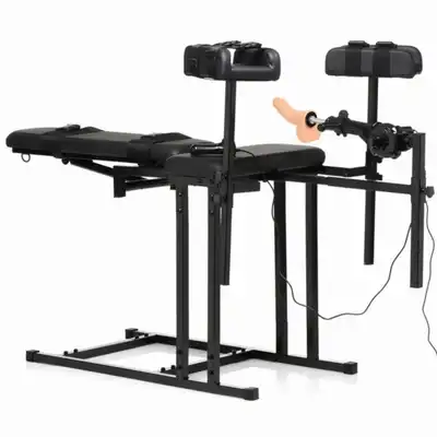 Master Series - Obedience Chair with Sex Machine. Luksusowe krzesło do krępowania z pełną regulacją, ruchoma sex maszyna gwarantująca niezapomniane doznania