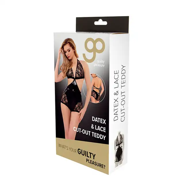 GP Datex - Cut-Out Teddy Lace L - zmysłowe body z połączenia koronki oraz błyszczącego, czarnego materiału. Seksowne paseczki