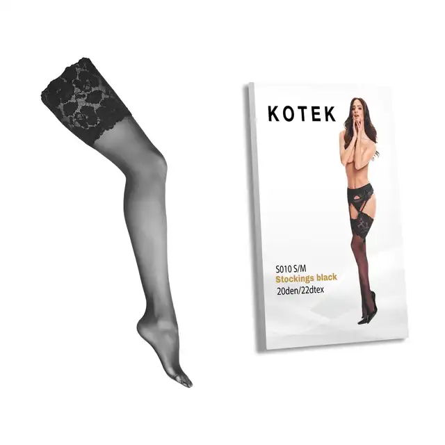 KOTEK - S010 S/M Stockings. Czarne pończochy z koronką na udzie, pięknie podkreślają nogi. Wykończone zmysłową kwiatową koronką