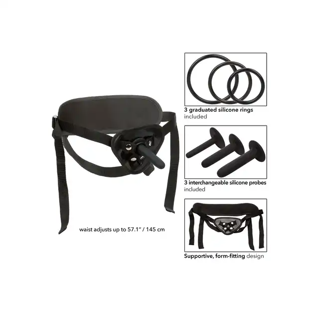 CalExotics - Boundless Silicone Pegging Kit. Zestaw 3 gładkich sond waginalno-analnych z w pełni regulowaną uprzężą