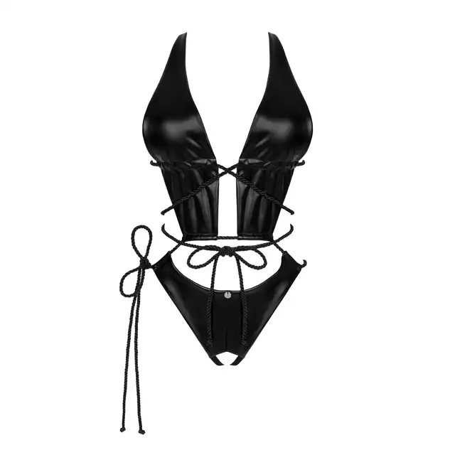 Obsessive - Cordellis Body S/M/L Czarne połyskujące body wetlook z otwartym krokiem, wiązane na elegancki połyskujący sznureczek dla idealnego dopasowania