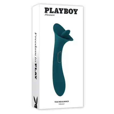 Playboy - True Indlugence - dwustronna przyjemność! Dwustronny wibrator - mocne wrażenia dzięki wibracjom i językowi!
