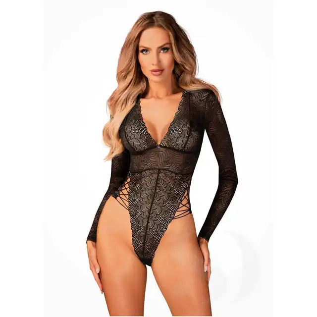 Obsessive - Merlys Body M/L. Koronkowe body z długim rękawem i sznurowaniem w biodrach, eleganckie i podkreślające sylwetkę