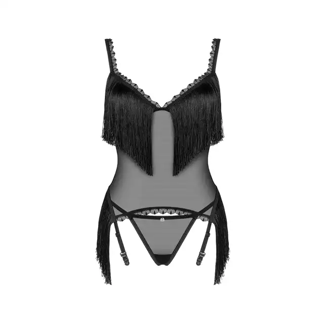Obsessive - Sherila Corset M/L. Czarny siateczkowy gorset z błyszczącymi frędzelkami na biuście i biodrach, odkryj nieziemską pewność siebie