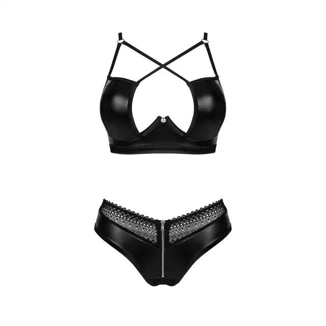Obsessive - Norides Set M/L. Komplet seksownej bielizny z pazurem, lśniący biustonosz i figi ze srebrnym zamkiem