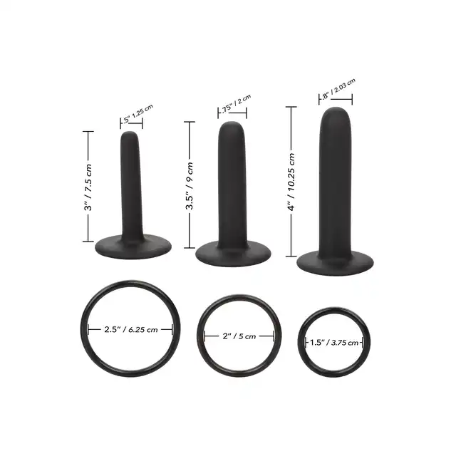 CalExotics - Boundless Silicone Pegging Kit. Zestaw 3 gładkich sond waginalno-analnych z w pełni regulowaną uprzężą