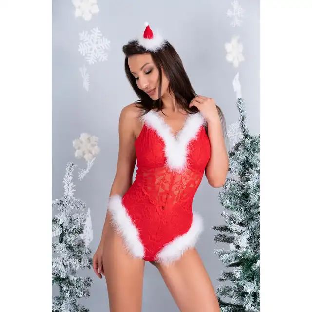 Livia Corsetti Collection - Naughty Santa S/M. Świąteczne, koronkowe body ze zjawiskowym białym futerkiem. Cudnie podkreślona sylwetka