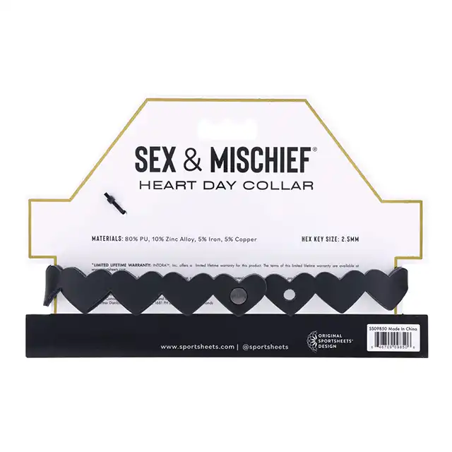 Sex &amp; Mischief - Heart Day Collar. Czarna obroża na szyję z serduszkami, choker z miękkiej sztucznej skóry z kluczykiem w kształcie serduszka