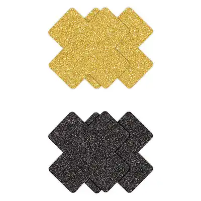 Pretty Pasties - Glitter Cross Black &amp; Gold. Dwie pary naklejek na sutki w kształcie krzyżyków, czarne i złote nasutniki z brokatem