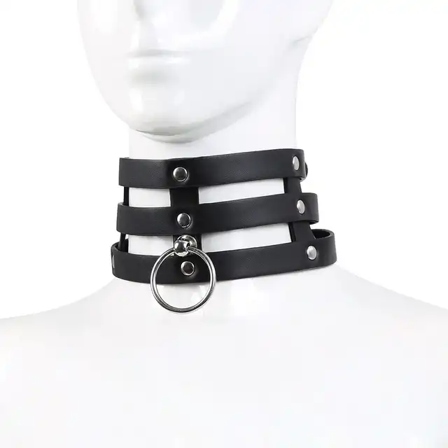 Oproducts - Tripple O-Ring Strap Collar PU-Leather. Potrójna, elegancka, czarna obroża choker z ekoskóry. 