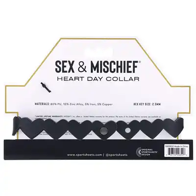 Sex &amp; Mischief - Heart Day Collar. Czarna obroża na szyję z serduszkami, choker z miękkiej sztucznej skóry z kluczykiem w kształcie serduszka