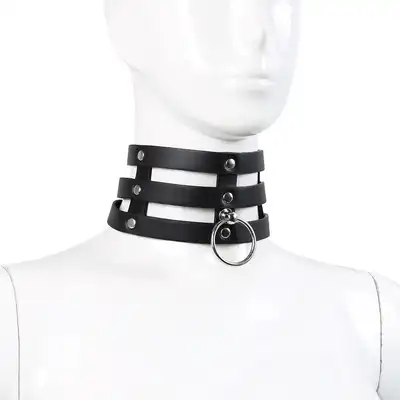 Oproducts - Tripple O-Ring Strap Collar PU-Leather. Potrójna, elegancka, czarna obroża choker z ekoskóry. 