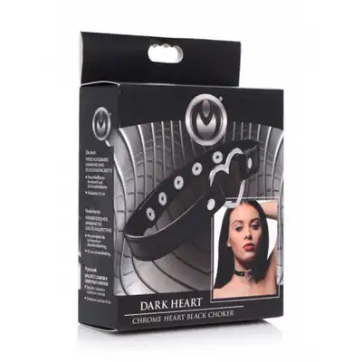 Master Series - Dark Heart Choker. Czarna skórzana obroża z zbudowanym serduszkiem, srebrne wykończenie i dodatki, wegańska skóra