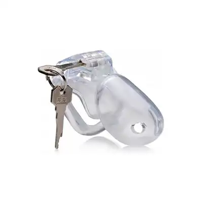 Master Series - Clear Captor Chastity Cage with Keys - Large. Lekka, przeźroczysta klatka na penisa z plastiku. Przewiewna i higieniczna, z regulacją rozmiaru