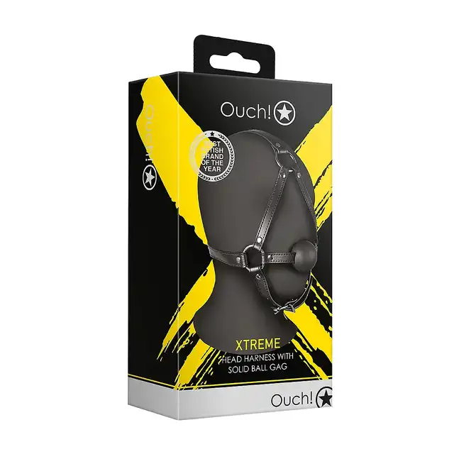 Ouch! - Head Harness with Solid Ball Gag - harness na głowę z gagiem. Idealne dopasowanie za pomocą pasków