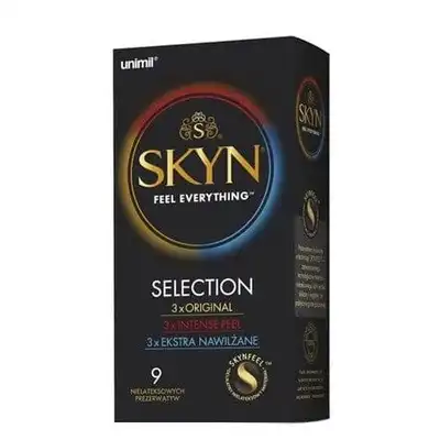 Skyn - Selection 9 szt. Zestaw prezerwatyw klasycznych, z wypustkami i dodatkowo nawilżanych. Wszystkie Twoje ulubione prezerwatywy w jednym opakowaniu