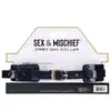 Sex &amp; Mischief - Orbit Day Collar. Elegancka czarna połyskująca obroża na szyję, połączenie luksusowej skóry ze złotymi dodatkami 