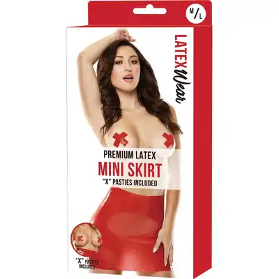 LatexWear - Latex Mini Skirt M/L Red. Lateksowa mini spódniczka z wysokim stanem. Czerwone, błyszczące podkreślenie pośladków i bioder. W zestawie nasutniki X.