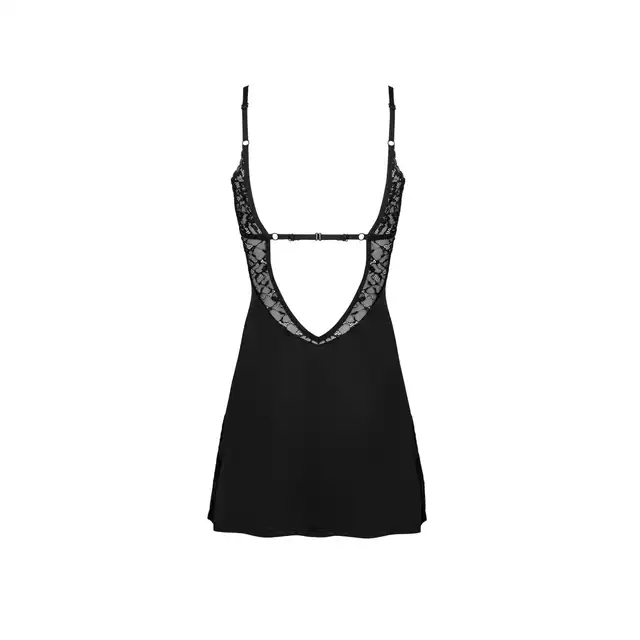 Obsessive - Bellastia koszulka i stringi XS/S. Czarna elegancka, seksowna koszulka z koronką. Dla miłośniczek klasyki i elegancji. 