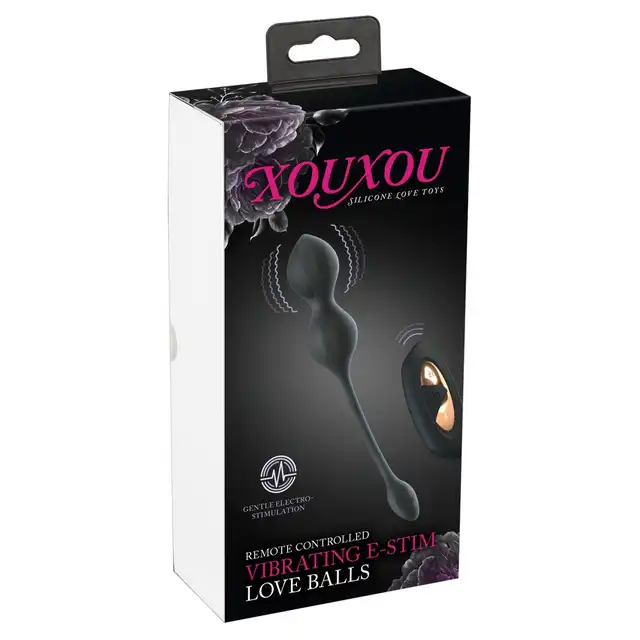 Xou Xou - Vibrating E-Stim Love Balls. Czarne, wibrujące kulki gejszy z elektrostymulacją. Zaawansowany trening mięśni kegla połączony z przyjemnością