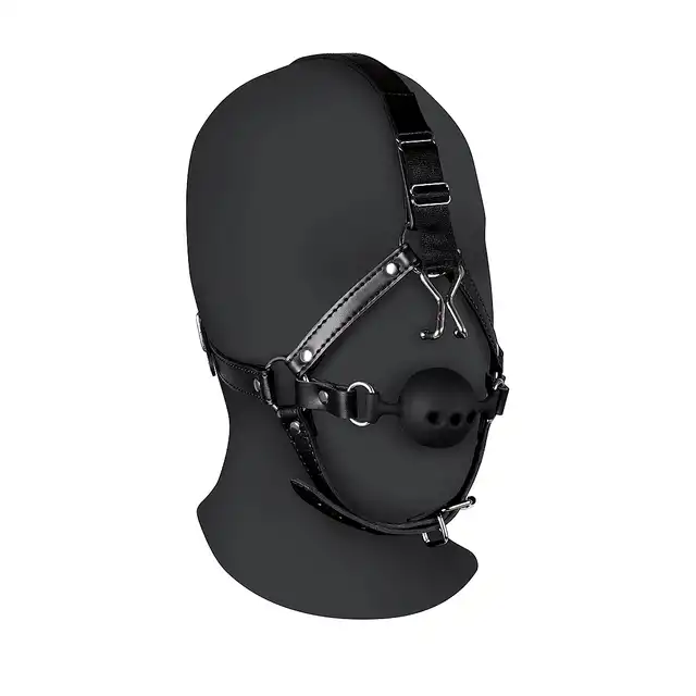 Ouch! - Head Harness with Breathable Ball Gag - harness na głowę z oddychającym kneblem i hakiem na nos