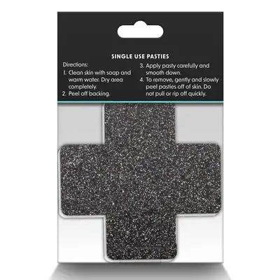Pretty Pasties - Glitter Cross Black &amp; Gold. Dwie pary naklejek na sutki w kształcie krzyżyków, czarne i złote nasutniki z brokatem