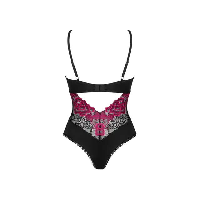Obsessive - Rosenty body XS/S. Urocze i romantyczne czarne body z różową, kwiatową koronką 