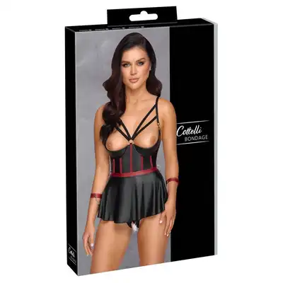 Cottelli Bondage - Lift Bra Bond. 80B/M - biustonosz z odkrytym biustem i falbanką. Opcja unieruchomienia kajdankami