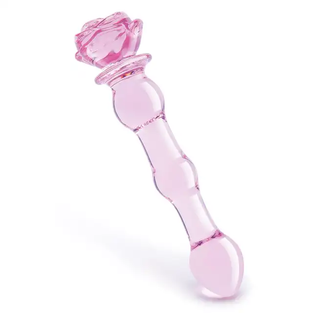 Glaze Glass - Rosebud Beaded Dildo 20 cm. Niezwykłe różowe, profilowane szklane dildo z ozdobną różyczką. Uroczy i elegancki prezent. 